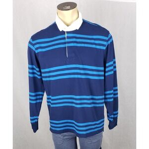 Lands End Rugby Shirt Mens Large Blue Navy Stripe Long Sleeve Cotton Polo Casual